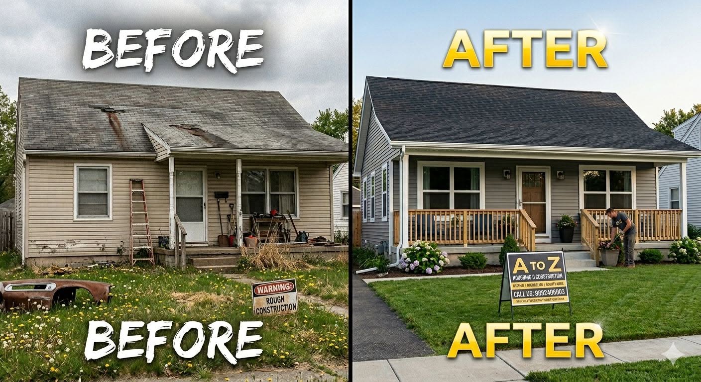 Before and after exterior renovation by A-Z Roofing and Construction with new roof and siding